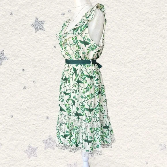 Forever 21 Cream & Green Knee Length Sleeveless Ruffle Dress L - Picture 2 of 7